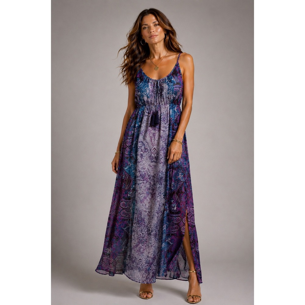 Maggy London Purple Paisley Maxi Dress V-Neck Tassel Waist Side Slits Size 12